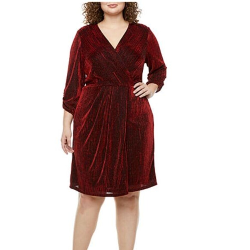 J Taylor Plus 3/4 Sleeve Faux-Wrap Dress - Red - Size 22W - NEW